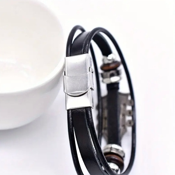 🎸New! Unisex Blue Enamel Guitar Head Stock Black PU Leather 8” Rope Bracelet - Picture 6 of 10